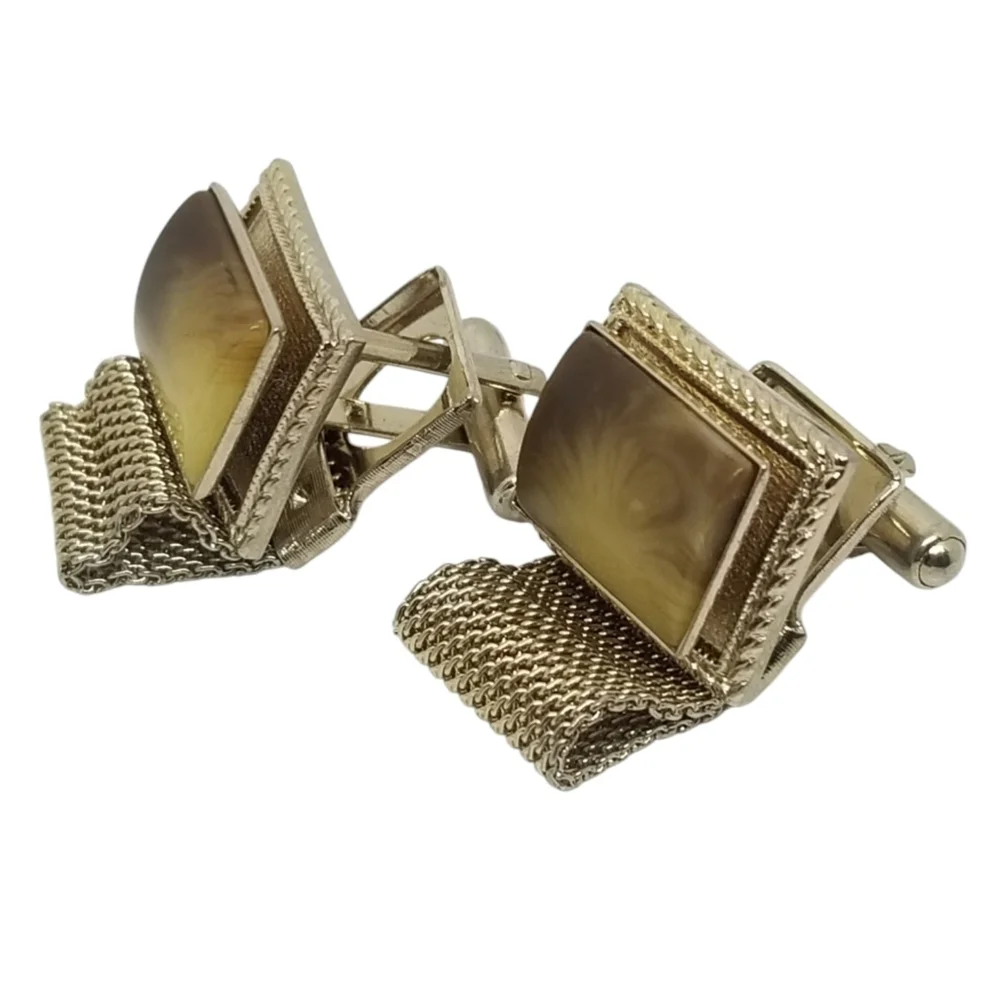Retro 1970s Mesh Wrap Cufflinks - Root Beer & Butterscotch Swirl Cabochon